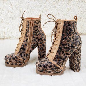 Wild Diva Leopard Print Lace-Up Ankle Boots